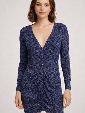 Free People Cardigan S Blue Space Dye Sheer Longline V Neck Boho Layering